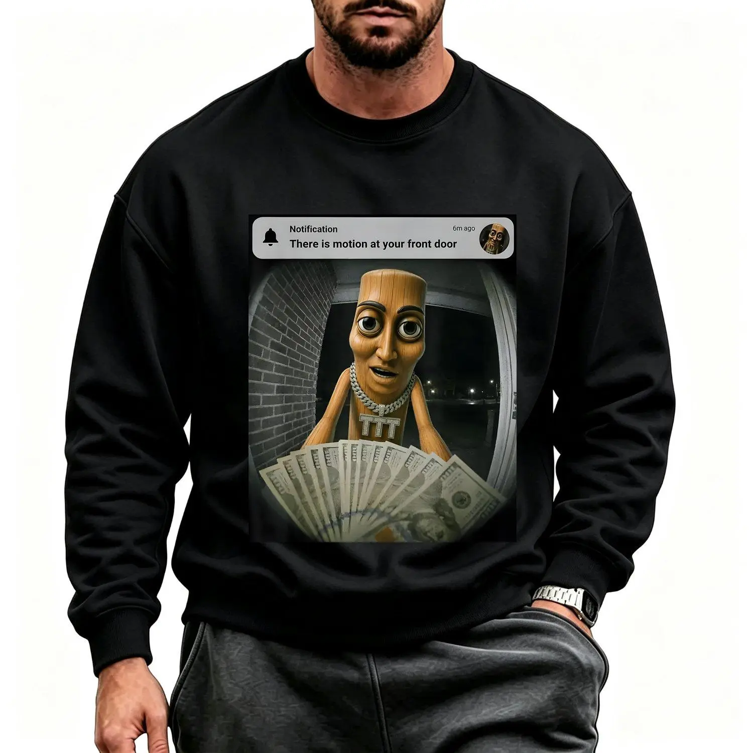 Men's Sports Sweatshirt Tung Tung Tung Sahur Triple T Motion at Your Front Door Brainrot Meme Funny Graphic Athletic Pullover  Slouchy Casual Style