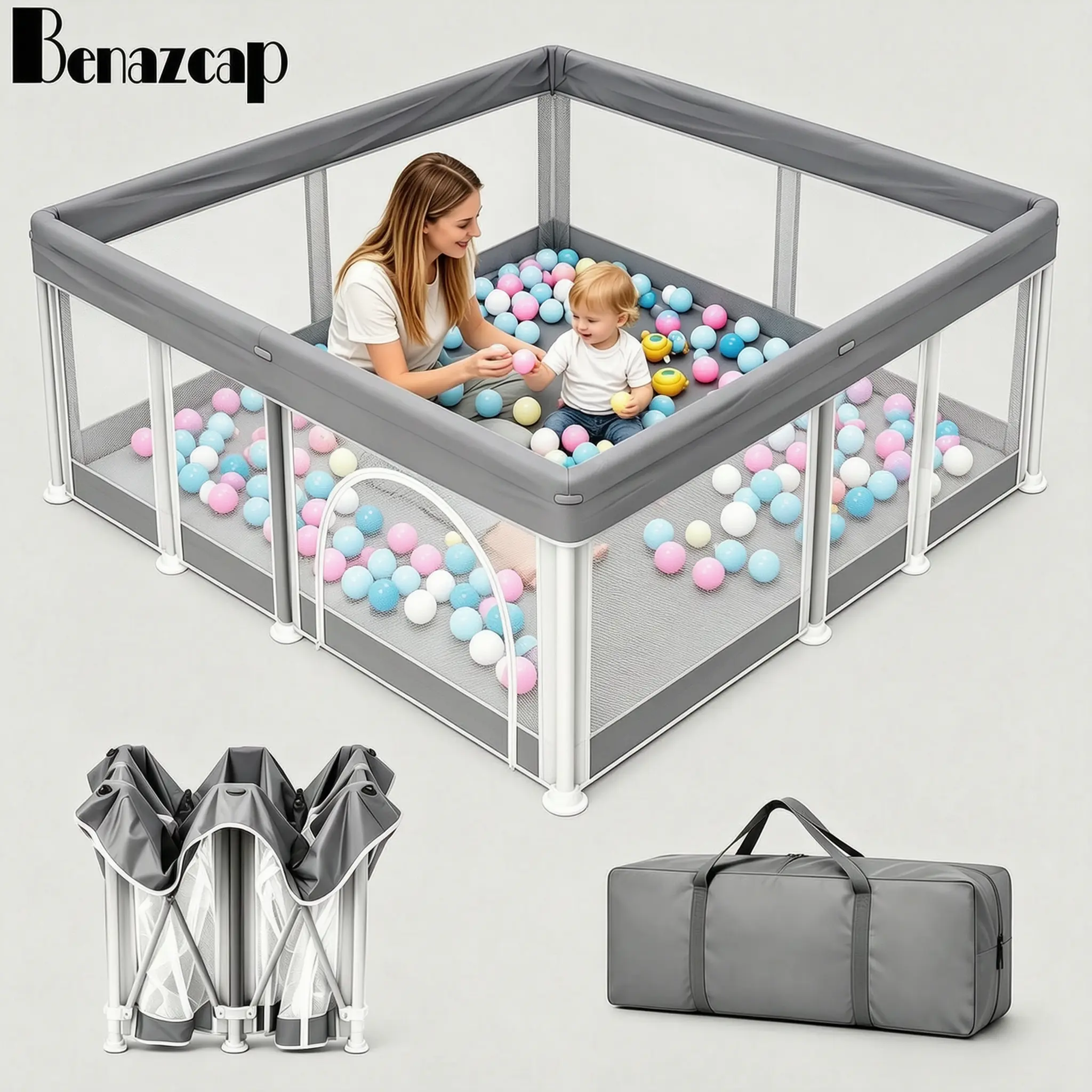 Benazcap Extra Large Foldable Baby Playpen, Spacious Breathable Mesh Play Yard for Babies & Toddlers, Portable Indoor Outdoor Kids Activity Center Safe Play Fence