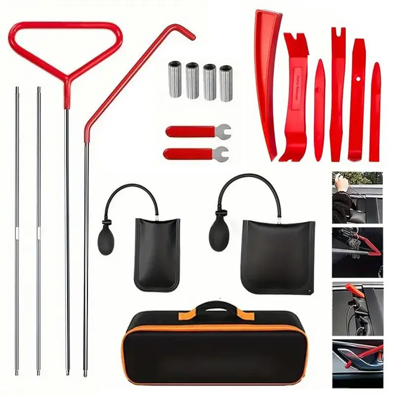 17-Piece Portable Car Safety Emergency Kit for Roadside Emergencies & Travel, Automotive Car Wheel Tyre/Tire Tube Repair Tools & Kits with Long-Arm Grab Bucket, Cushion Bag Pump, Undamaged Wedges, Handbag