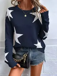Women's Fashion Drop Shoulder Long Sleeve Knit Sweater, Spring Fall New Arrival, Star Pattern Round Neck, Loose-Fitting, Elegant Style