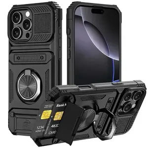 HAY Ring Magnetic For iPhone 13 14 15 16 17 12 11 Pro Max Plus Air Shockproof Heavy Duty Hard Phone Case with Card Slot Stand