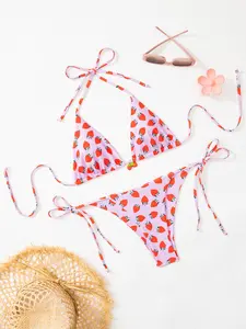 Women's Two-Piece Strawberry Print Bikini Set, Fashion Casual Beachwear Swimwear, Tropical Print Swimsuit, Perfect for Vacation & Poolside, Summer Beach Bikini