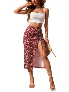 Women's Plain Crop Cami Top & Ditsy Floral Print Skirt Two-piece Set, Sleeveless Cropped Top & Split Hem Skirt, Casual Boho Bohemian Summer Outfits Clothes Set for Beach Holiday Vacation Boho Outfit Sets