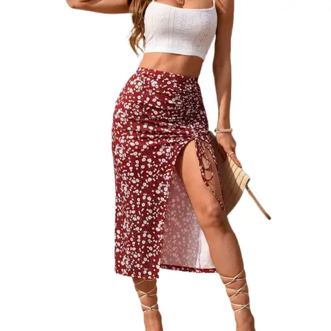 Women's Plain Crop Cami Top & Ditsy Floral Print Skirt Two-piece Set, Sleeveless Cropped Top & Split Hem Skirt, Casual Boho Bohemian Summer Outfits Clothes Set for Beach Holiday Vacation Boho Outfit Sets, Top And Skirt Set