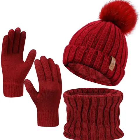 Winter Beanie Hat Scarf Gloves Set Women Warm Fleece Knit – 3-Piece Touch Screen Beanie Scarf Glove Set for Men, Double-Layered, Cozy Thermal Casual Winter Gift