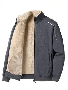 Men's Letter Print Pocket Zipper Thermal Lined Jacket, Regular Fit Casual Long Sleeve Stand Collar Outerwear for Fall & Winter,  Fleece Jacket, Winter Outfits 2024, Men's Clothes for Daily Wear