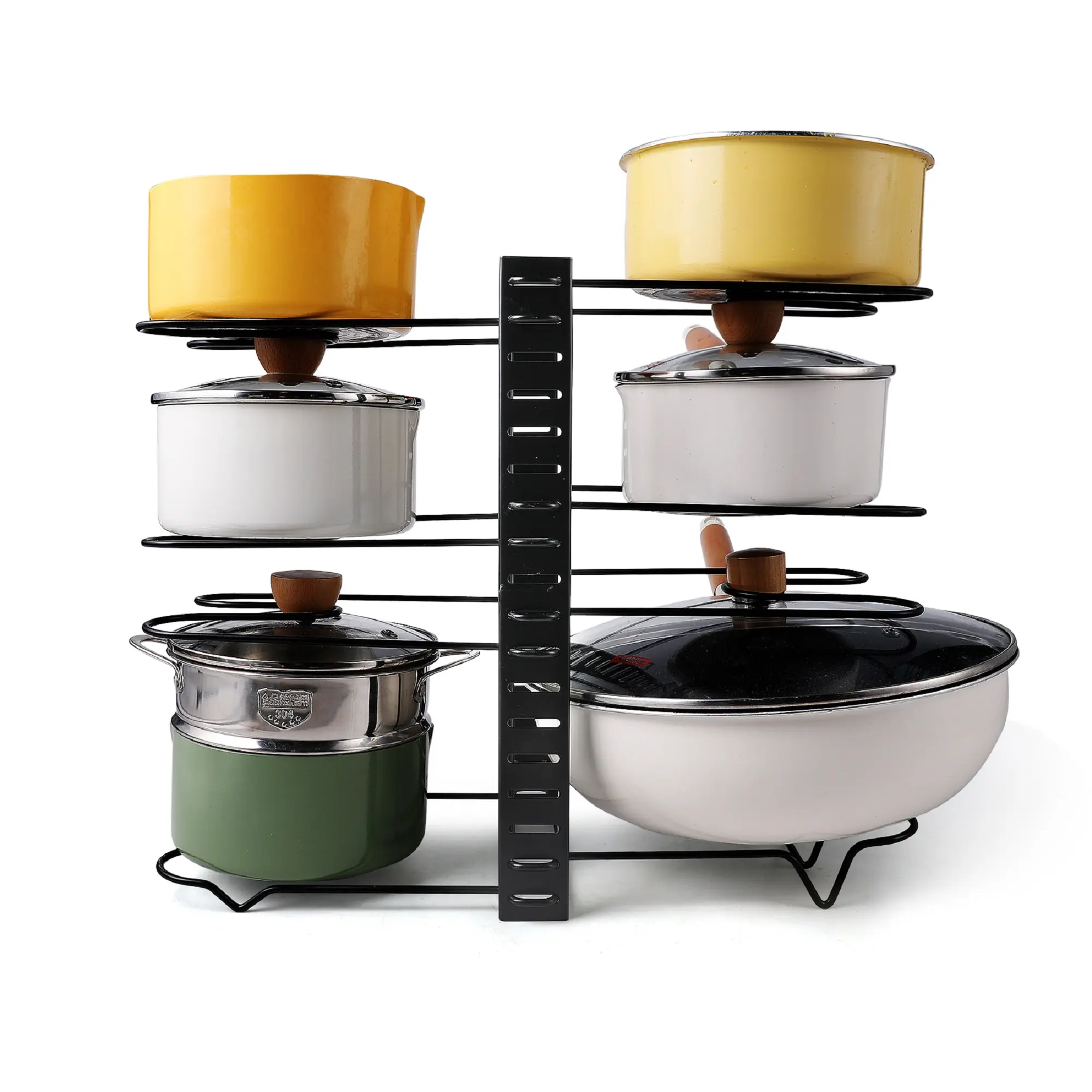 Pot Rack Organizer for Kitchen Storage, Adjustable Partitions for Pots, Pans, and Lids, 3 DIY Installation Methods for Cabinet, Shelf, Countertop, or Drawer, Steel, Black