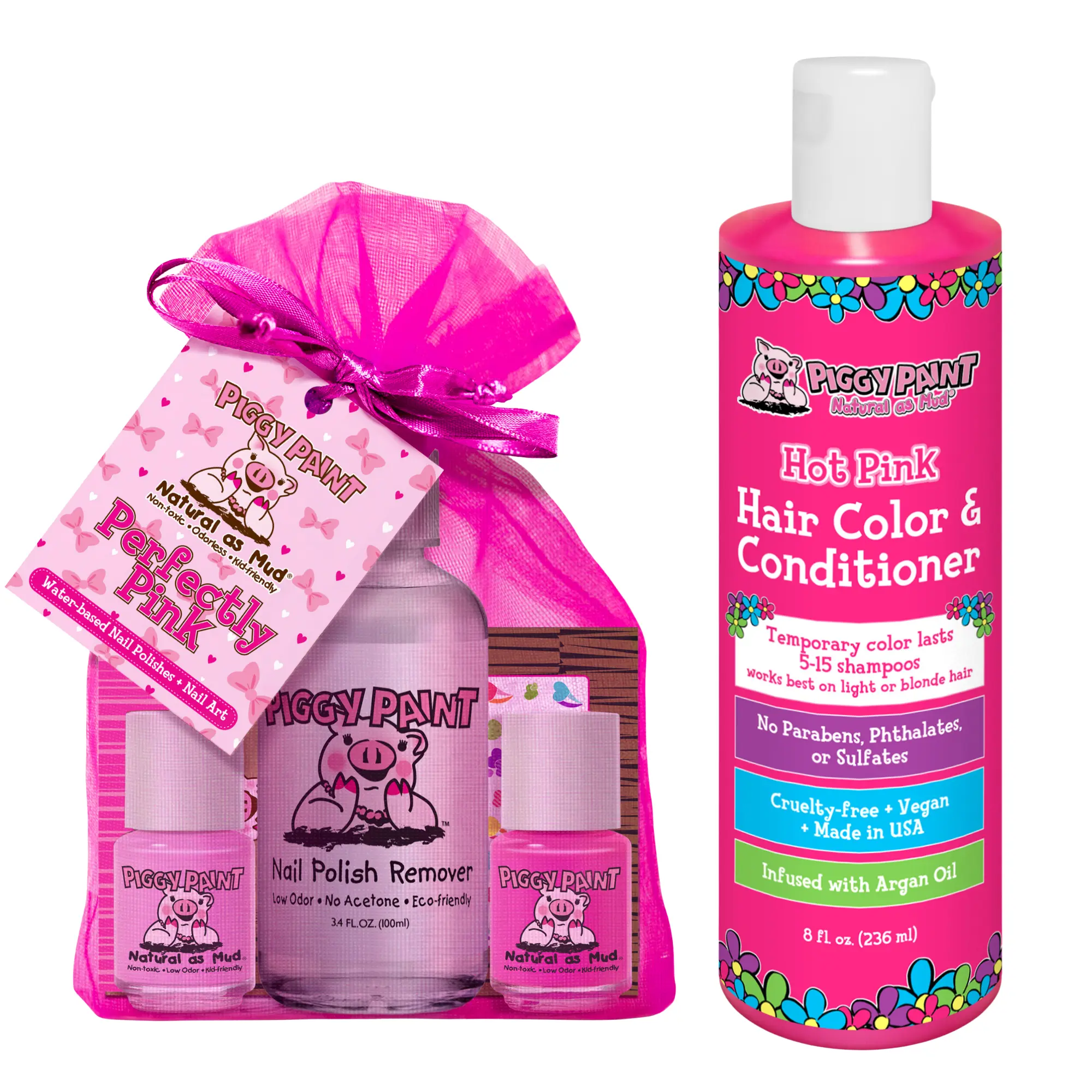 Piggy Paint I Love Pink Bundle - Perfectly Pink Gift Set with Non-toxic Nail Polish, Nail Polish Remover, Hair Color Conditioner, Cruelty Free Made in USA