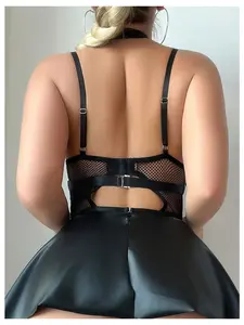 Pu Leather Lingerie Set Hollow Out Halter Underwired Lingerie Dress