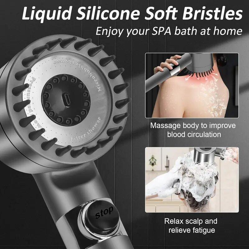Metal Handheld High-Pressure Massage Shower Head - 3-Setting 4-in-1 Removable Design with Adjustable Spray, 47 in Upgraded Reinforced Thick Hose, Mounting Bracket and 5 Filter Cartridges, Handheld Head