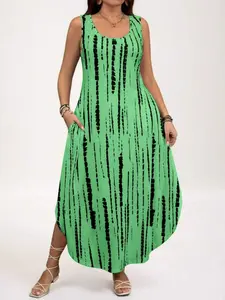 Women's Plus Size  All Over Print Pocket Split Tank Dress Fit, Casual Sleeveless U Neck Long Dress for Summer, Women's  Clothing for Daily Wear