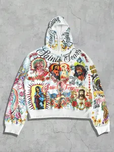 Men's Streetwear Hooded Long Sleeve Sweatshirt with Religious Graphic Print, Fall Winter Fashion, Casual Street Style, Comfortable and Stylish, Tops, Clothes