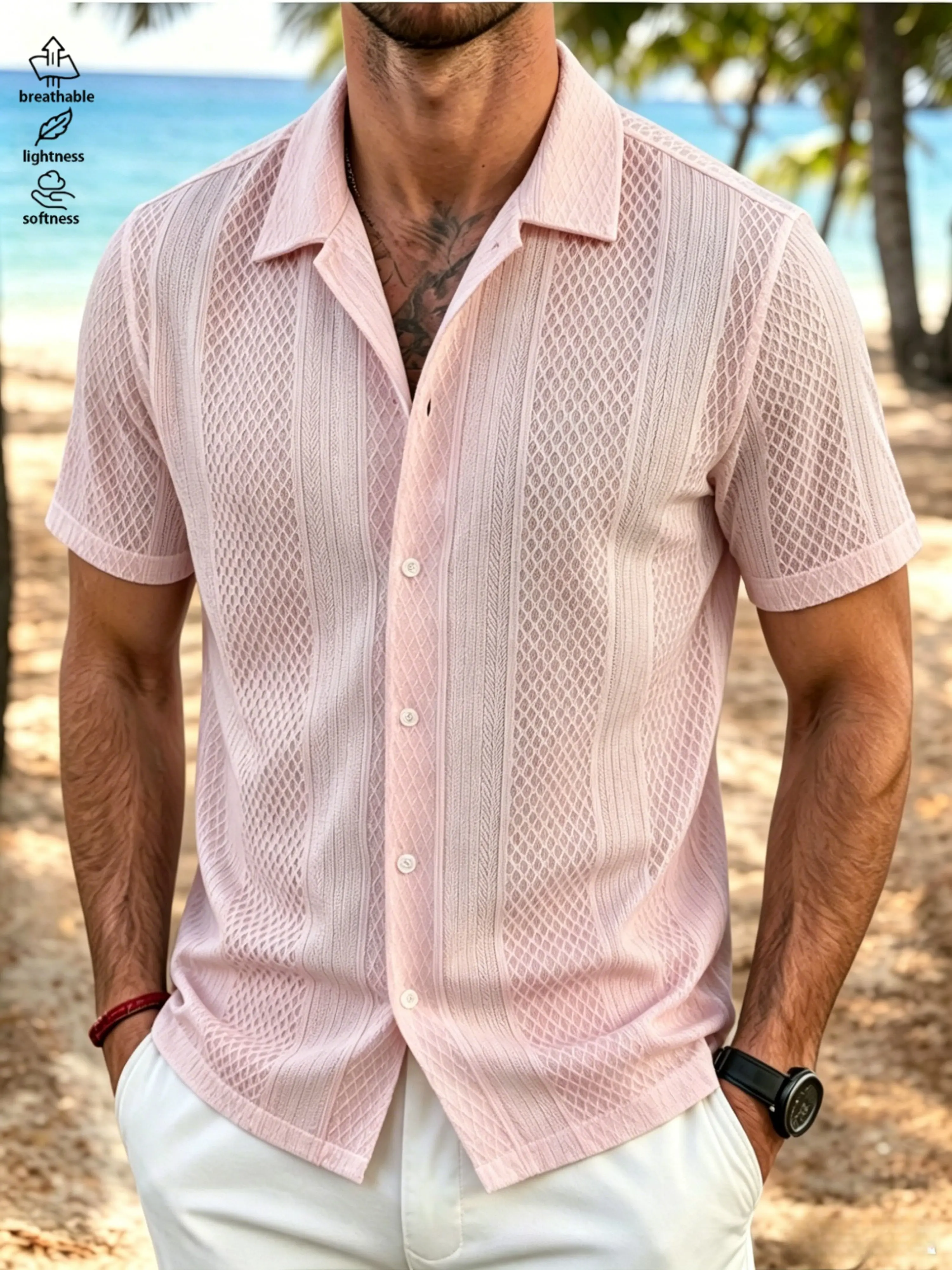 Men's Openwork Knit Cuban Shirt, Casual Loose Fit Collared Short-Sleeve Top, Breathable Lightweight Summer Vacation Menswear,back to school,back to school shopping, Baggy, Classic
