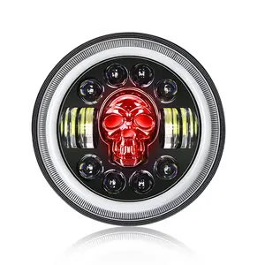 Skull Pattern RGB Headlight 1Pcs DOT Approved 7 inch LED Projector Headlamp Replacement for Road King Street Glide Fat Boy