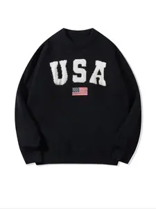 Men's & Women's Casual Loose-Fit Long Sleeve Knitted Pullover Sweater, American Flag Letter Print, Fall Winter Warm Clothing, Knitwear