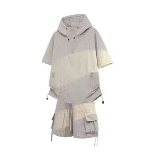 Men's 2-Piece Matching Clothes Set - Short Sleeve Half-Zip Hood Top, Multi-Pocket Cargo Shorts, Light Airy Grid Quick-Dry Breathable Menswear, Adjustable Drawstring Waist, for Gym Fitness, Sun-Ready, Father’s Day Gift