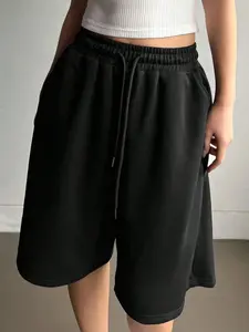 Trending Oversized Black Sweat Shorts for Women | Comfy Soft Cotton Casual Summer Streetwear | Elastic High Waist Drawstring Knee-Length Lounge Shorts for Yoga, Daily & Street Style | Soft Breathable Stretch, Side Pockets, Versatile Minimalist Look