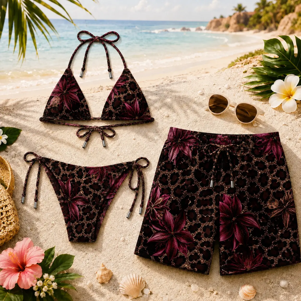Matching Couple Swimwear Set – Leopard Floral Cherry Bikini & Men's Swim Shorts, Trendy Beach Vacation Outfit, Summer Pool Party Gift