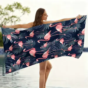 1pc Bamboo Palm Leaf Flamingo Flower Cartoon Beach Towel, Digital Print Microfiber Super Absorbent Towel for Beach Travel Swimming