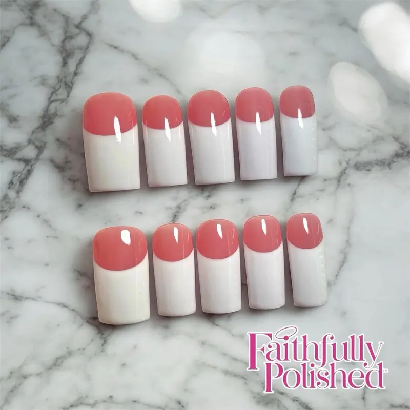 “90s French”- Medium-XXXL Length Handmade White French Tip Curved Square Luxury Press-On Nails by Faithfully Polished