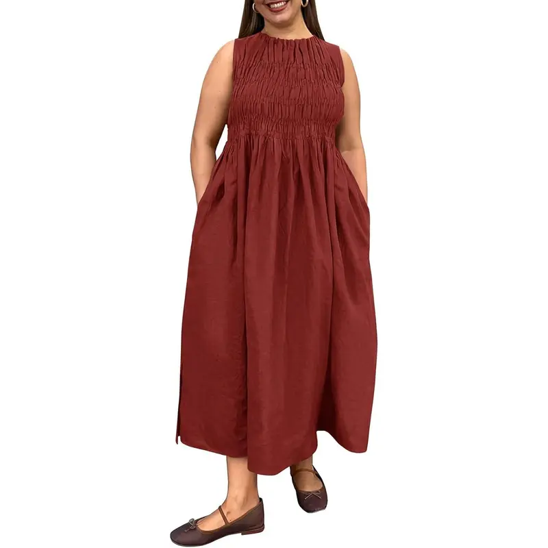 【Plus Size】TANKANEO Women's Plus Size Comfortable Fashion Sundress - Breathable Lightweight Fabric, Sleeveless Crewneck, Ruched Maxi Dress with Pockets, Casual Wear for Beach & Day Wear, Matches Flat Shoes & Cardigan