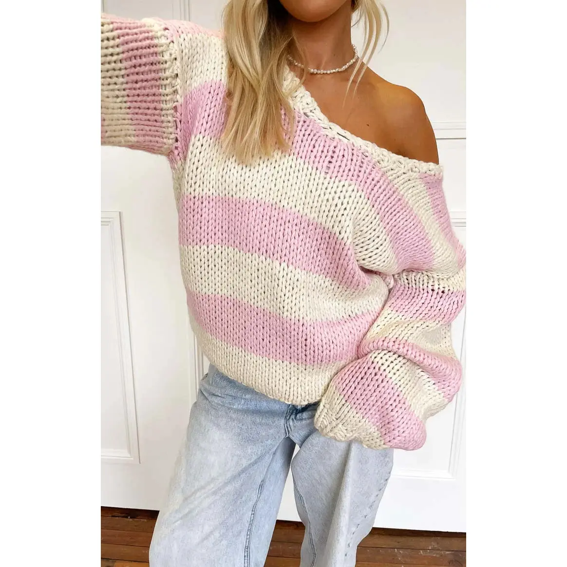 Delvey Pink Striped Chunky Knit Sweater