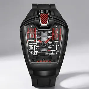 Men's Quartz Watch Skeleton Tonneau Shaped Luxury Sport Wristwatch with Silicone Strap  Steampunk 3D Hollow Dial Cool Unique Gifts for Men
