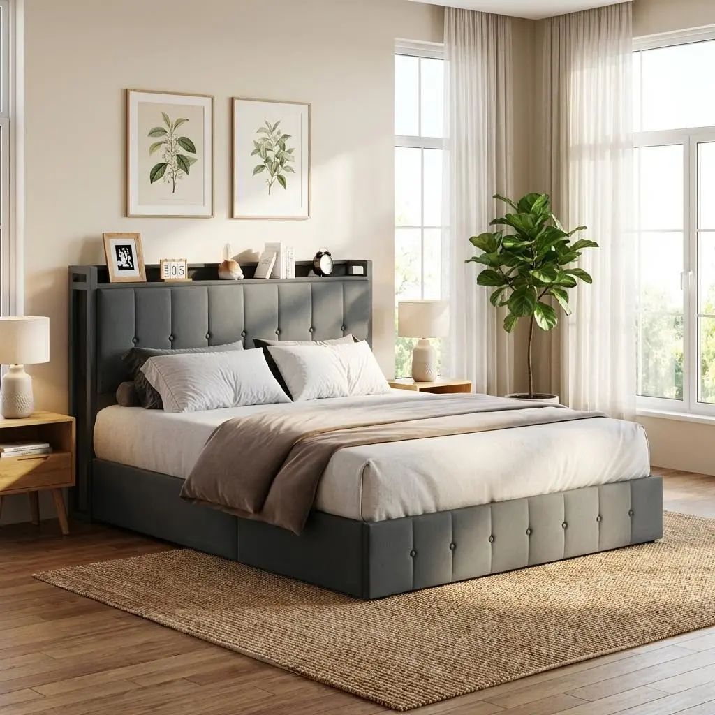 YJ-Garvee Full Bed size Frame with Lift Up Storage, Upholstered Velvet Bed with Storage Headboard, Metal Platform Bed, Button Tufted Headboard, No Box Spring Needed, Solid Wooden Slats, Grey