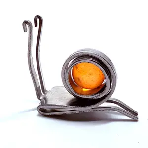 Handmade Orange Snail Artistic Metal Ornament - Stainless Steel Fork, Marble, Translucent Look Glass Shell, 1-of-a-Kind Home Decor Ornaments, Desk Decor Gift