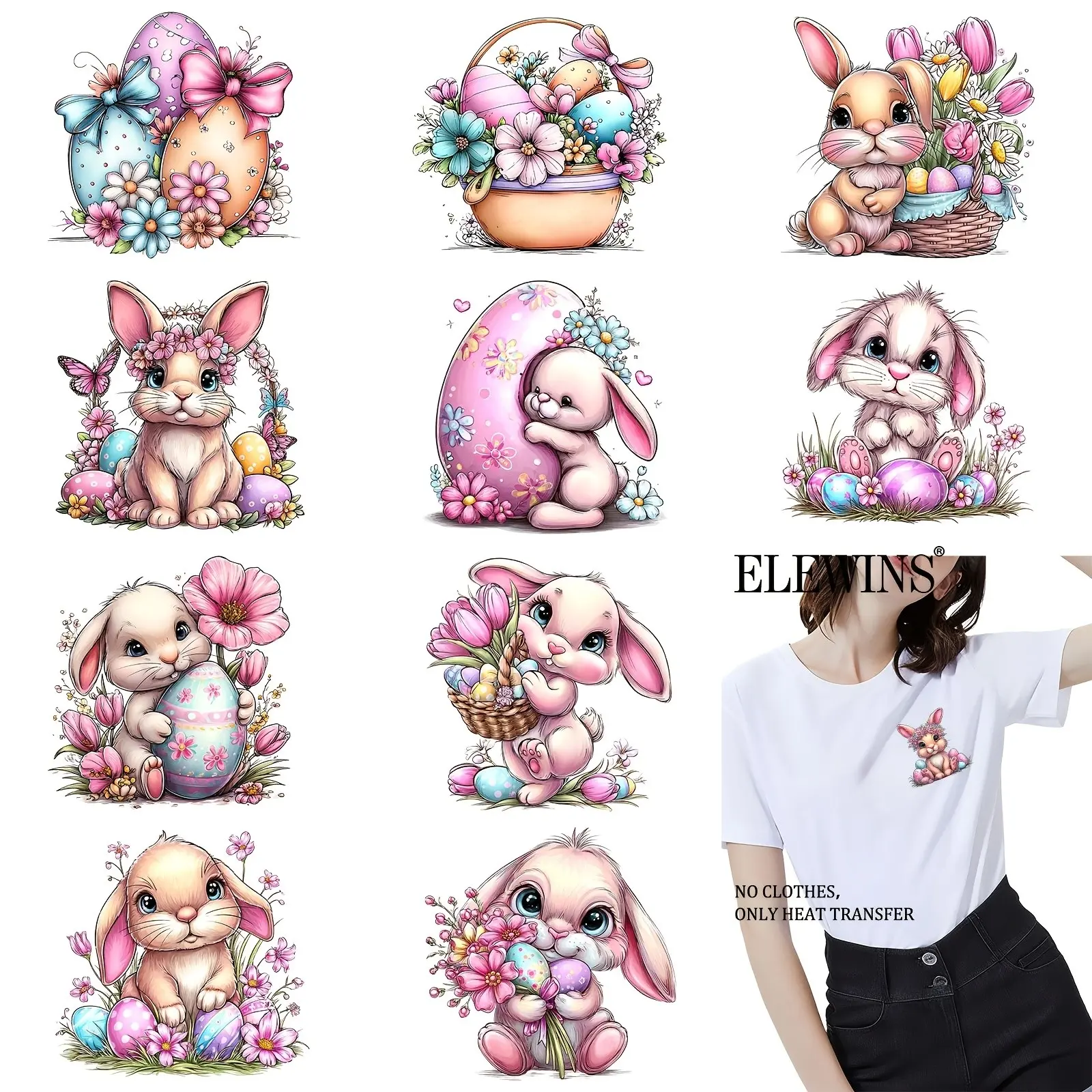12pcs Rabbit Iron-On Patches, Heat Transfer Vinyl Stickers for T-Shirts, Jeans, Hats, Backpacks, DIY Crafts, Role-Playing Clothes