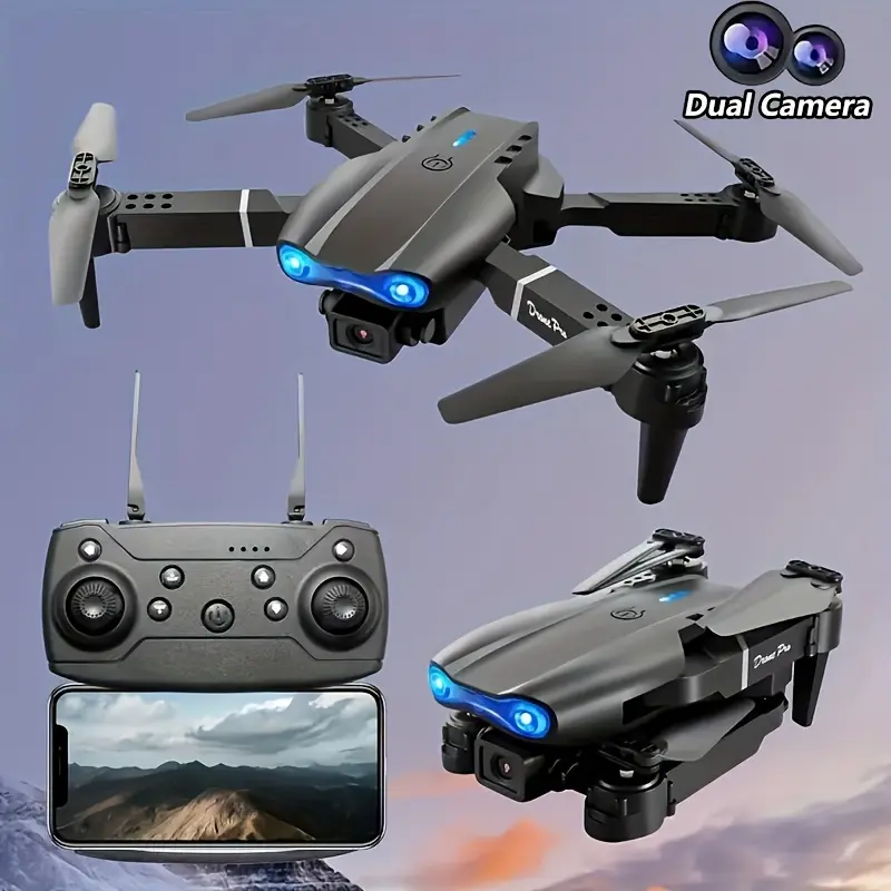 The E99 remote control for dual-camera drones comes equipped with 2 batteries, making it suitable for both indoor and outdoor use. It's ideal for beginners and makes a great Christmas or Halloween gift,