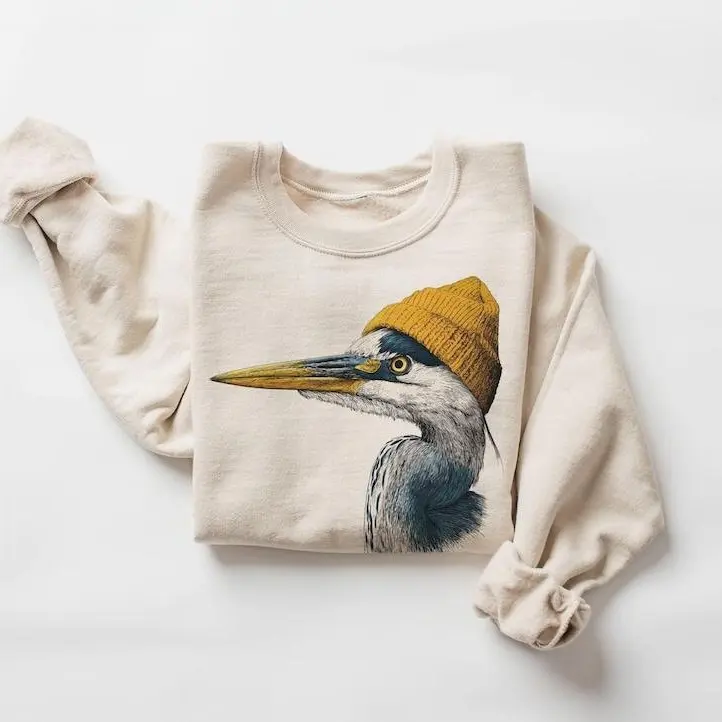 Retro 90's Great Blue Heron Wearing Beanie Sweatshirt, Vintage Birdwatching Birding Unisex Sweatshirt, Womenwears outfit, Comfort Cotton Shirt For Her For Him