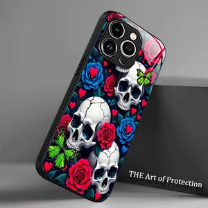 Phone Case: Skull Red Rose Dark HD Texture Original Phone Tempered Glass Case Men Women High-End Fashion Full Coverage Anti-Drop Suitable for iPhone 17 16 15 14 13 12 11 PRO MAX PLUS, AIR, scratch-proof and dust-proof phone case, perfect gift