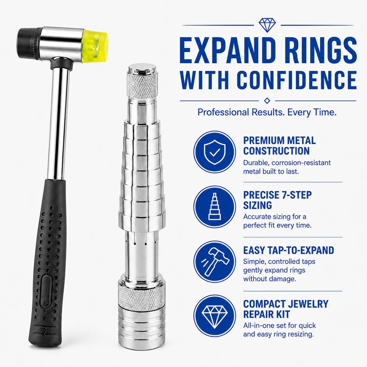 Ring Stretcher Tool Kit Ring Enlarger Mandrel with Dual-Head Nylon Hammer & Polishing Cloth for Jewelry Ring Resizing and Repair Ring Stretcher Tool Kit Ring Enlarger Mandrel with Dual-Head Nylon Hammer & Polishing Cloth for Jewelry Ring Resizing and Repair