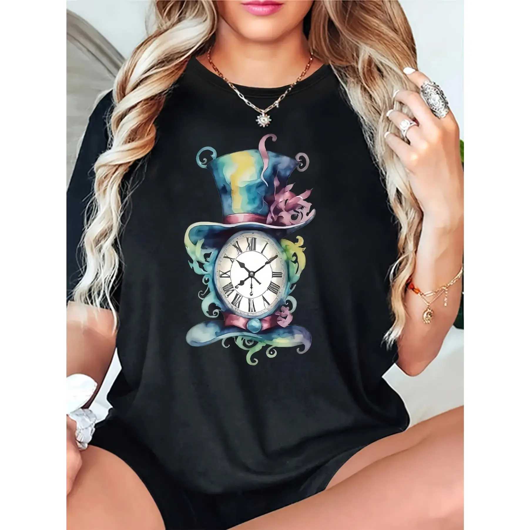 Women's fashion cartoon hat clock pattern T-shirt cotton elastic casual round collar short sleeve regular length loose fit knitted fabric 180g square meters machine wash suitable for spring and summer season Category: women's T-shirt local warehouse deli