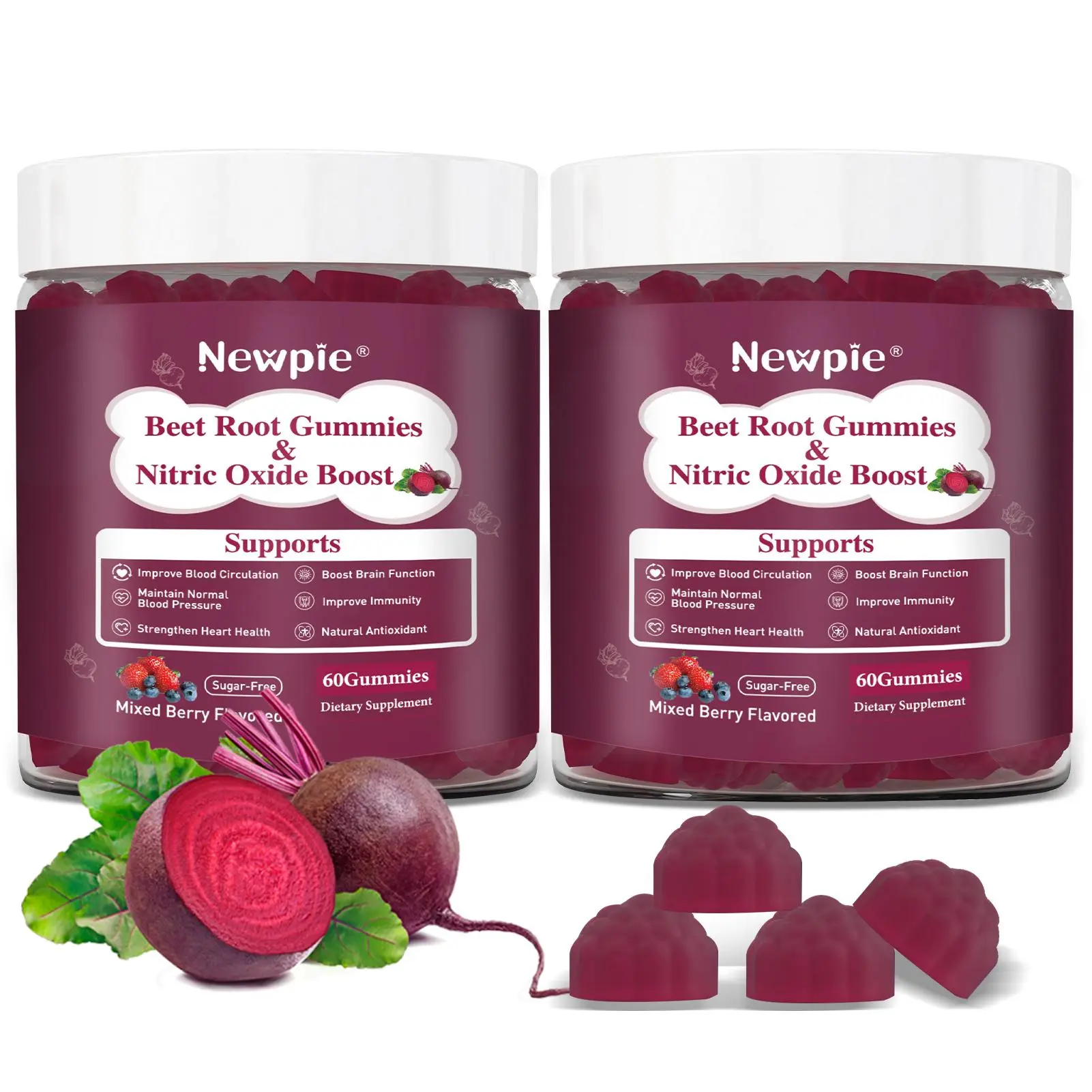 Vegan Natural Beet Root Edible Chewables - Sugar-Free Cardio & Heart Health Antioxidant Probiotic Dietary Supplement, Mixed Berry Flavor, Non-GMO, Gluten-Free, 60 Count for Adults, Gmo Free