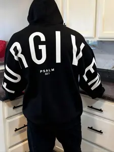 1 Pc Men's Minimalist Faith-Based Fitted Long Sleeves Hoodie, Bold "FORGIVEN" Text Design with Scriptural Reference, Soft Breathable  for Casual Wear and Spiritual Gatherings, Perfect for Young Christians, Pockets