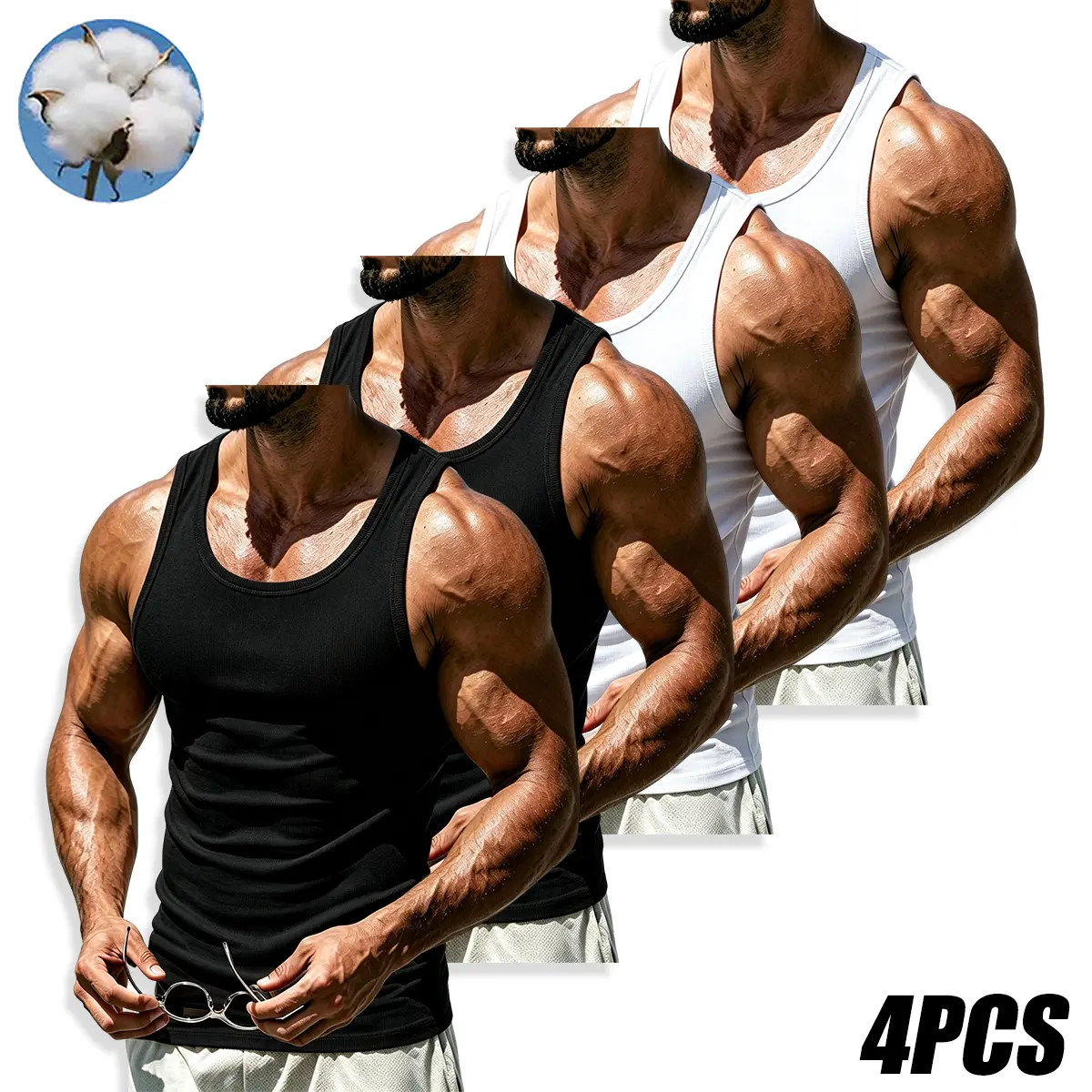 Men’s 4-Pack U Neck Muscle Beater Tank Tops, 92% Cotton 8% Spandex Stretchy Breathable Sleeveless Undershirts, Summer Gym Workout & Daily Layering Tops