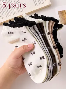 5 Pairs of Women's Floral Bow Pattern Low Cut Socks, All Seasons Use, Cute Everyday Fashion Accessories