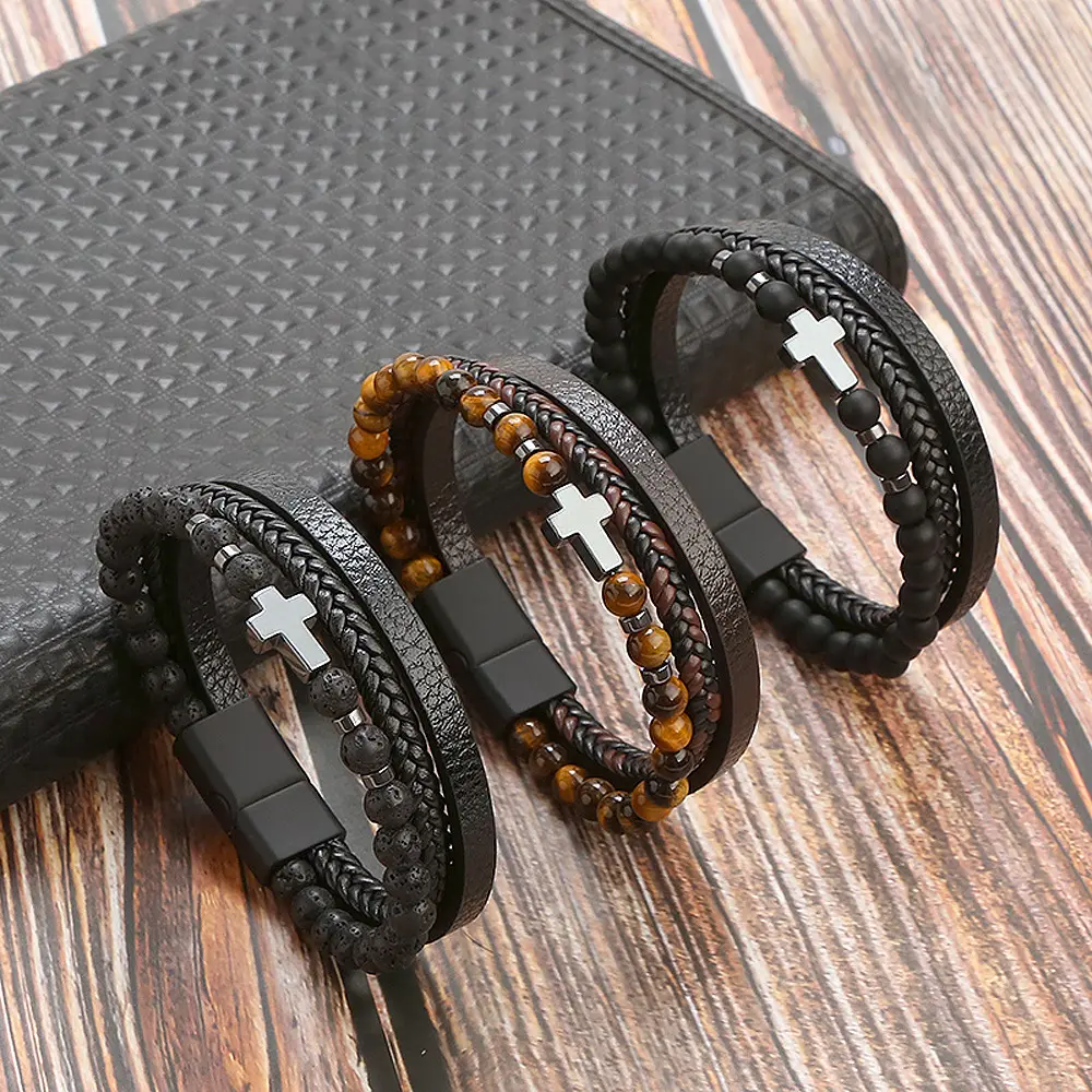 Leather Bracelet, Braided Bracelet, Cross Layered Bracelet, Stress Relief Protection for Men, Cuff Bracelet with Magnetic Clasp