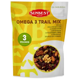 Omega-3 Trail Mix by Sunbest Natural – 3 lb Bulk Bag (48 oz) Mixed Almonds, Pecans, Pumpkin Seeds, Pistachios, Walnuts, Dried Cranberries, Seeds & Dried Fruits – Non-GMO, Vegan, Healthy Snack – Perfect for On-the-Go & Outdoor Adventures Protein Protein
