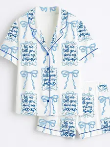 Let Me Tell You About My Jesus Wildflower Boho Bible Verse Blue Bow Short Sleeve Satin Pajama Set