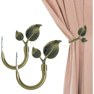 Leaf Shaped Curtain Holdbacks 2 count, Handmade Metal Curtain Side Holders for Wall, Antique Brass Curtain Tieback Hook Pull Backs for Drapes Window Home Decoration (Antique Brass)