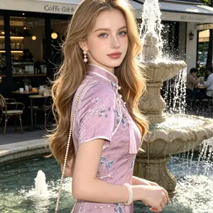 Dusty Pink Butterfly Satin Hand-Embroidered Modified Cheongsam · Short Sleeve Stand Collar Everyday French Chic Fitted Neo-Chinese Heavy-Detail Dress