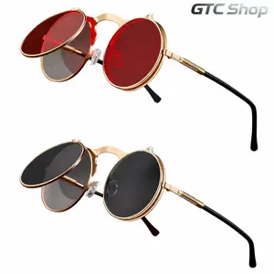 2-Piece Set Vintage Steampunk Flip Sunglasses, Retro Round Metal Frame Unisex Sun Glasses, Trendy Designer Circle Eyewear for Men Women Daily Outdoor Wear #summervibes
