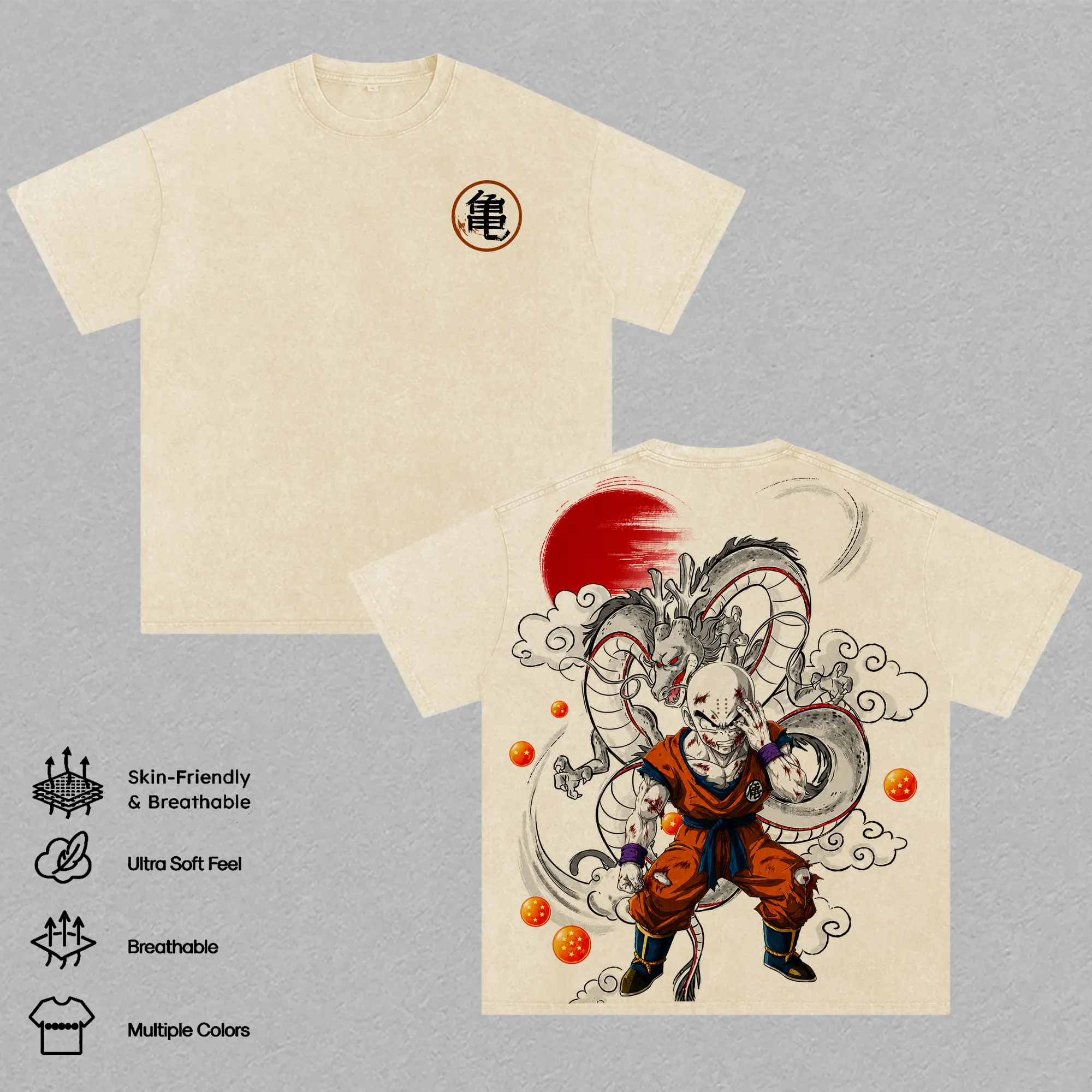 Krillin & Shenron Vintage Washed T-Shirt, DBZ Anime Graphic Tee, Oversized Two-Sided Streetwear Shirt, Distressed Manga Style Top, Retro Dragon Warrior, Gift For Anime Anime Fans
