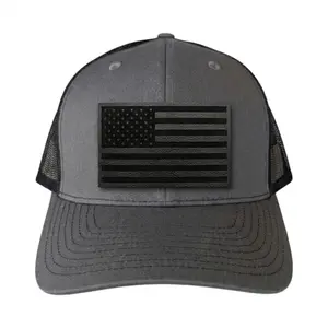 Blacked Out American Flag Hat – Patriotic Black Flag Leather Patch Trucker Hat, Tactical Style Snapback Cap, Laser Engraved Faux Leather Patch Hat