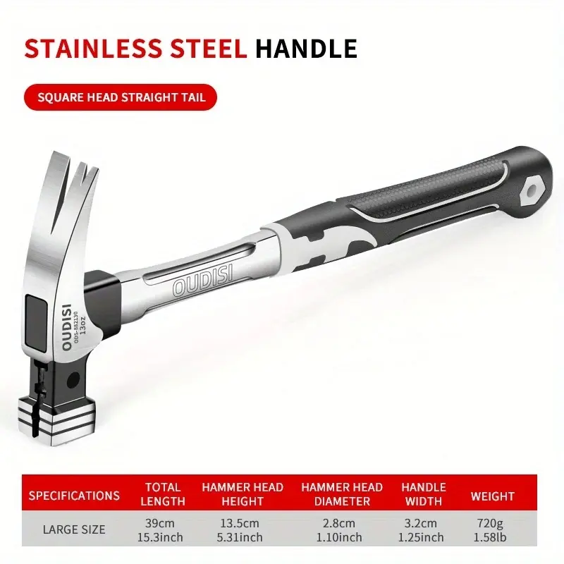 Multi-purpose heavy-duty claw hammer, Clawhammer, safety double-ended claw hammer, durable nail puller hammer, rubber-coated handle for carpentry, construction, auto repair, and industrial or household use, Hand Tools. Gifts for Men, Stocking Stuffers