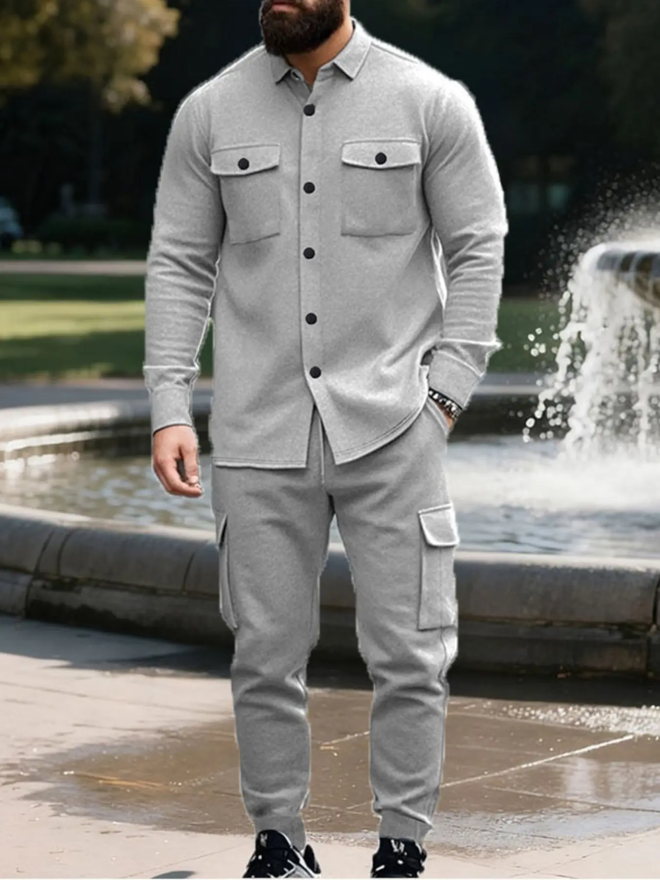 Men's Winter Fleece Set, High-Quality Thick Zipper Button Shirt & Jogger Pants, Warm Comfortable Casual Design for Cold Weather Activities