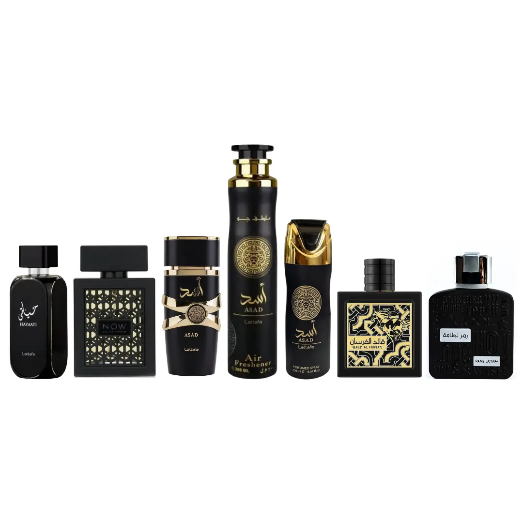 Lattafa Premium Arabian Multi-Scent Men's Fragrance & Personal Care Bundle Set - Packaged Fragrance Discovery Set (EDP Perfume Spray, Air Freshener, Deodorant) Including Hayaati, Now Black, Asad Collection, Qaed Al Fursan, Ramz Silver